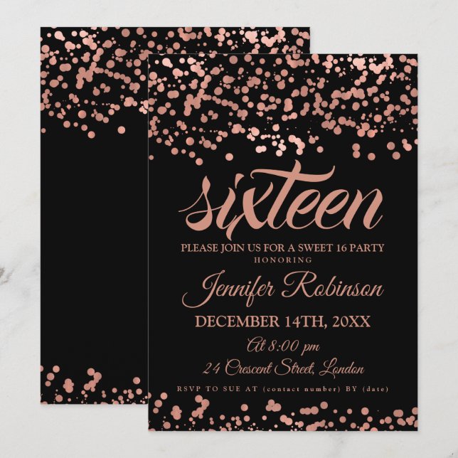 Elegant Sweet 16 Rose Gold & Black Foil Confetti Invitation (Front/Back)