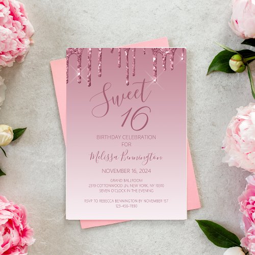 Elegant Sweet 16 Rose Gold Pink Dripping Glitter Invitation