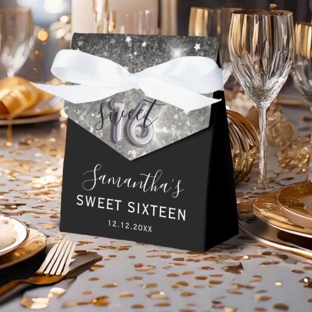 Elegant Sweet 16 Silver Glitter & Black Birthday Favor Boxes (Creator Uploaded)