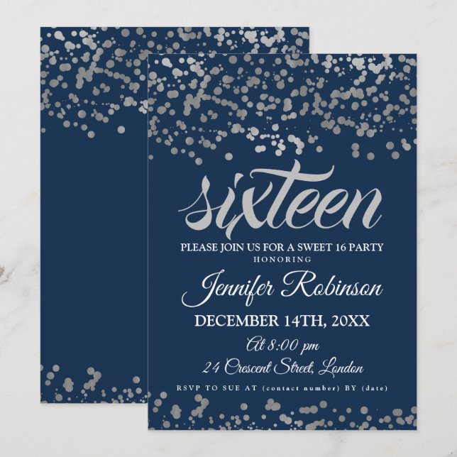 Elegant Sweet 16 Silver & Navy Foil Confetti Invitation (Front/Back)