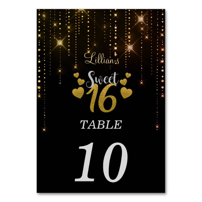 Elegant Sweet 16 table number card (Front)
