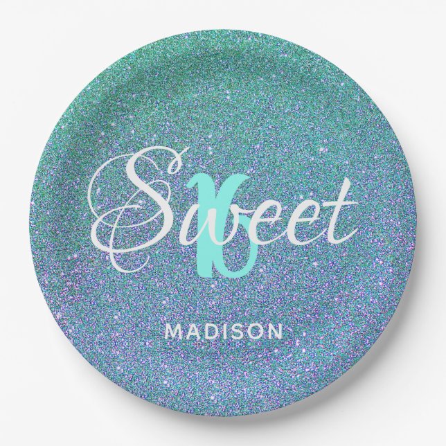 Elegant Sweet 16 Teal Blue Glitter Personalized Paper Plates (Front)