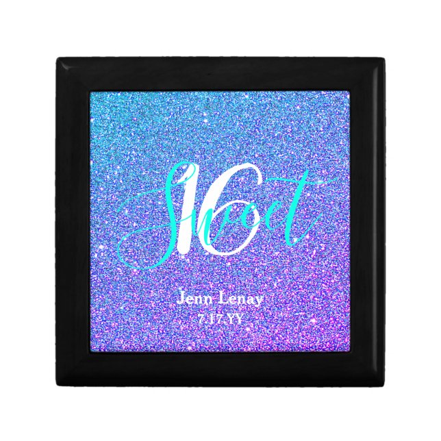 Elegant Sweet 16 Teal Purple Glitter Name Jewelry Gift Box (Front)
