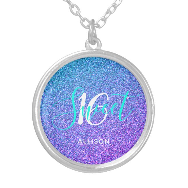 Elegant Sweet 16 Teal Purple Glitter Ombre Name Silver Plated Necklace (Front)