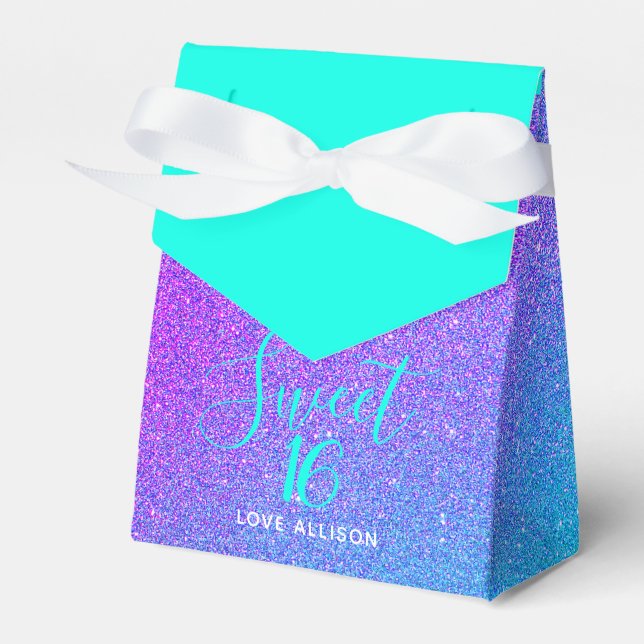 Elegant Sweet 16 Teal Purple Glitter Party Name Favor Boxes (Front Side)