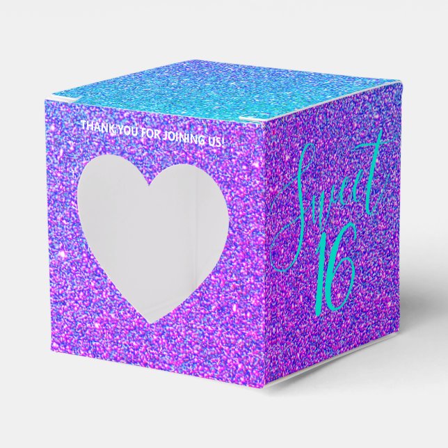 Elegant Sweet 16 Teal Purple Glitter Thank You Favor Boxes (Front Side)
