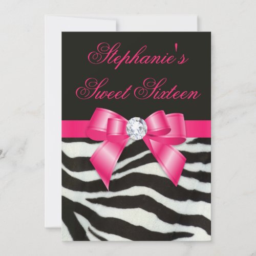 Elegant Sweet 16 Zebra Stripes Hot Pink Bow Invitation