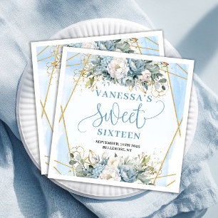 Elegant Sweet 16th Watercolor Floral Blue Napkins