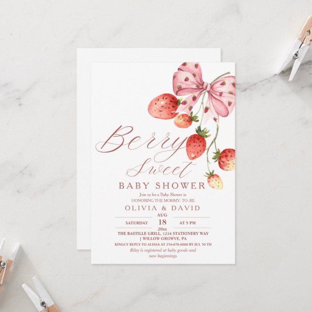 Elegant Sweet Berry Baby Shower Strawberry  Invitation (Front/Back In Situ)