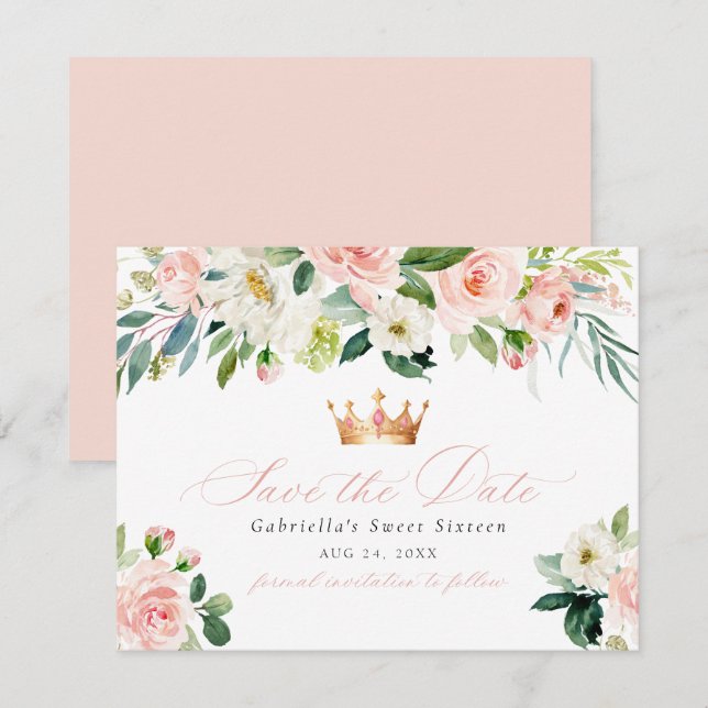 Elegant Sweet Blush Floral Sweet 16 Save the Date Invitation (Front/Back)