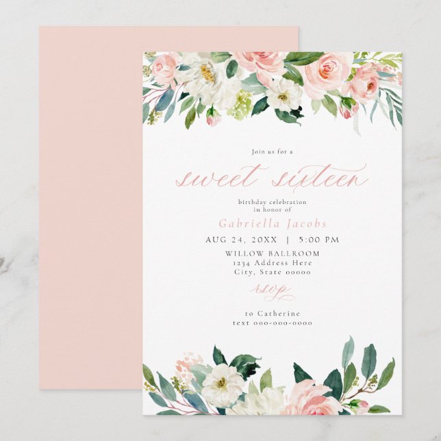 Elegant Sweet Blush Pink Floral Sweet 16 Birthday Invitation (Front/Back)