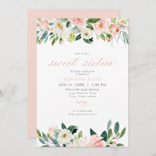 Elegant Sweet Blush Pink Floral Sweet 16 Birthday Invitation