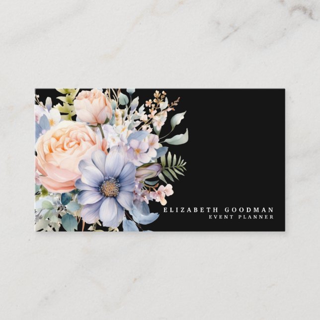 Elegant Sweet Flowers Black Business Cards (Front)