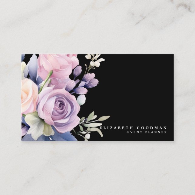 Elegant Sweet Flowers Black Business Cards (Front)