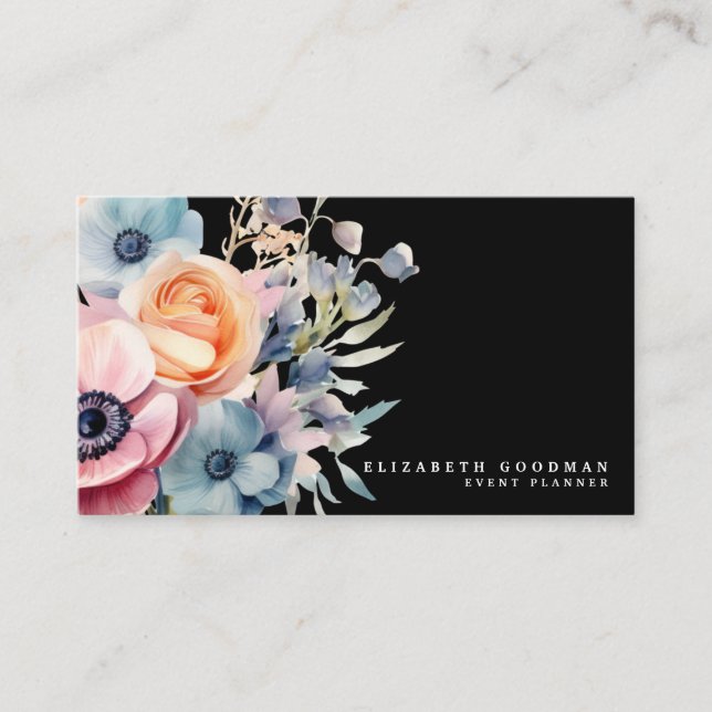 Elegant Sweet Flowers Black Business Cards (Front)