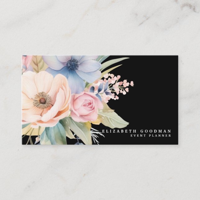 Elegant Sweet Flowers Black Business Cards (Front)