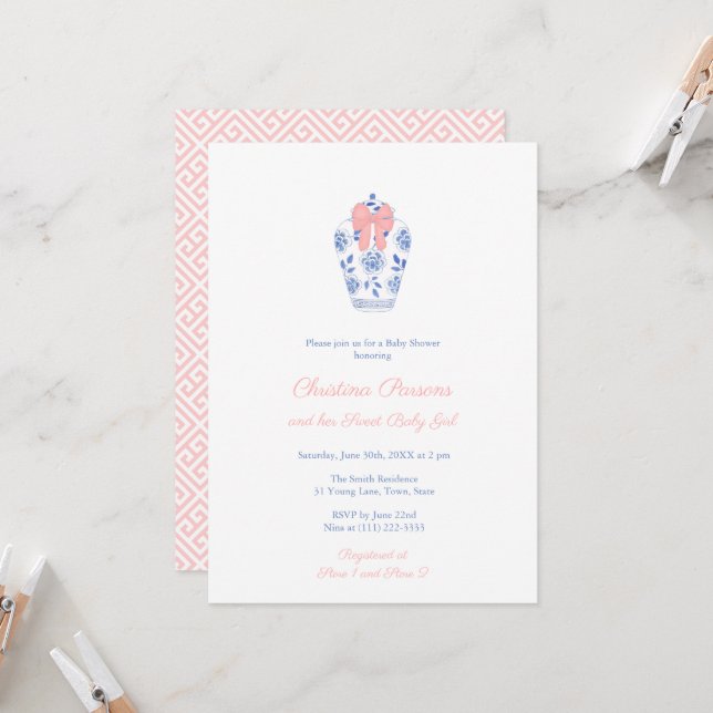 Elegant Sweet Girl Ginger Jar Pink Bow Baby Shower Invitation (Front/Back In Situ)