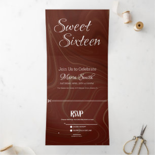 Elegant Sweet Liquid Marble Agate Burgundy Tri-Fold Invitation
