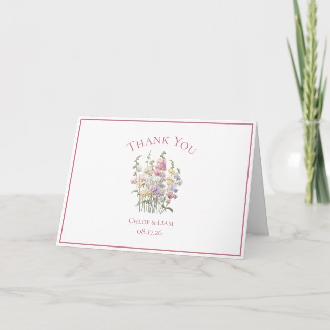 Elegant Sweet Peas Flower Wedding Thank You Card (Front)