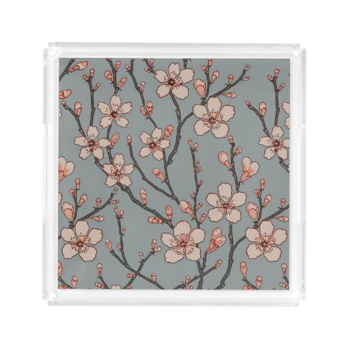 Elegant Sweet Pink Flower Blossom Cherry Pattern Acrylic Tray