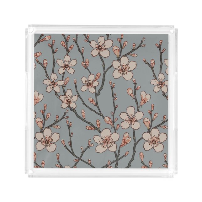 Elegant Sweet Pink Flower Blossom Cherry Pattern Acrylic Tray (Front)