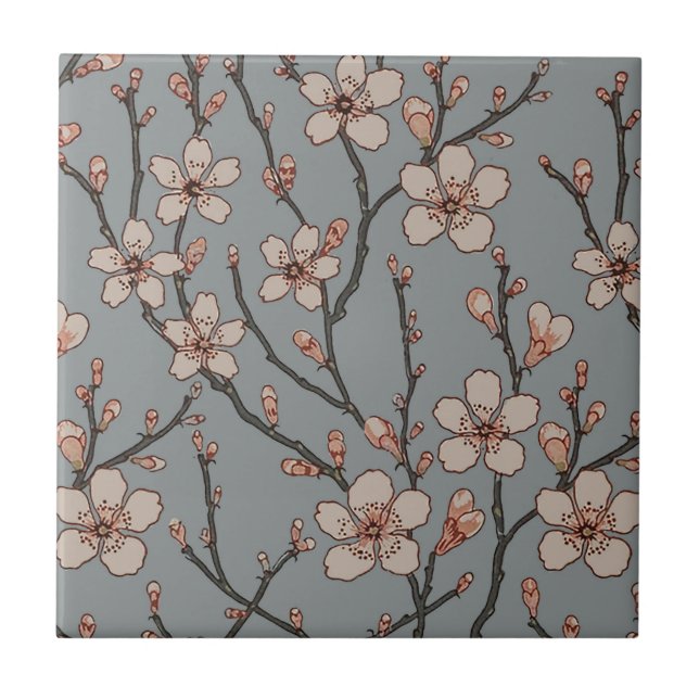 Elegant Sweet Pink Flower Blossom Cherry Pattern Ceramic Tile (Front)
