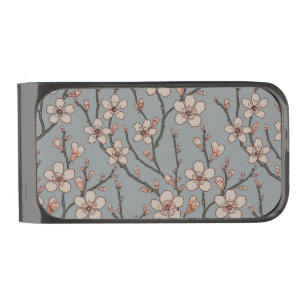 Elegant Sweet Pink Flower Blossom Cherry Pattern Gunmetal Finish Money Clip