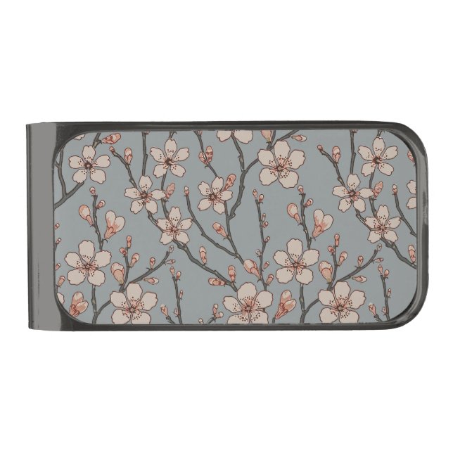 Elegant Sweet Pink Flower Blossom Cherry Pattern Gunmetal Finish Money Clip (Front)