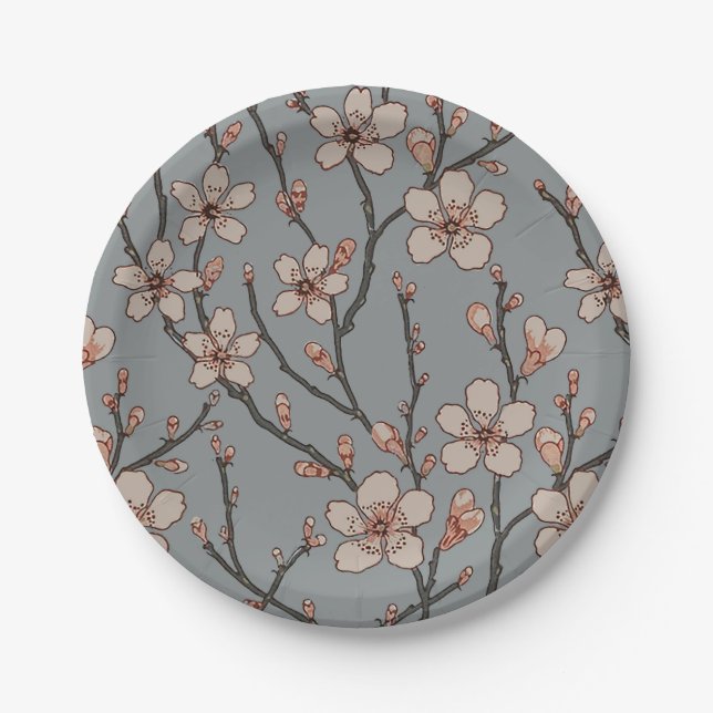 Elegant Sweet Pink Flower Blossom Cherry Pattern Paper Plates (Front)