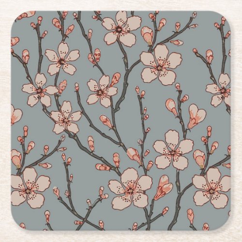 Elegant Sweet Pink Flower Blossom Cherry Pattern Square Paper Coaster