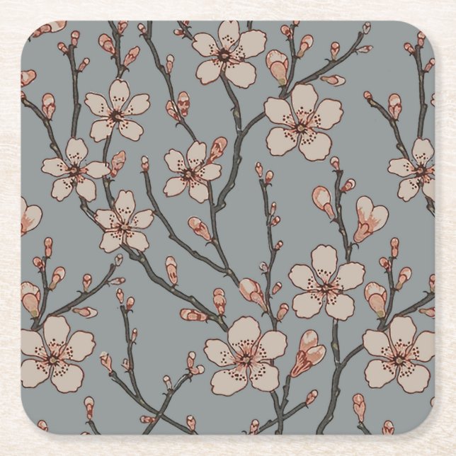 Elegant Sweet Pink Flower Blossom Cherry Pattern Square Paper Coaster (Front)