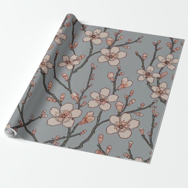 Elegant Sweet Pink Flower Blossom Cherry Pattern Wrapping Paper (Unrolled)