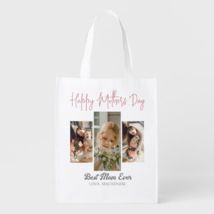 Elegant Sweet Pink Happy mothers Day Three photo Grocery Bag