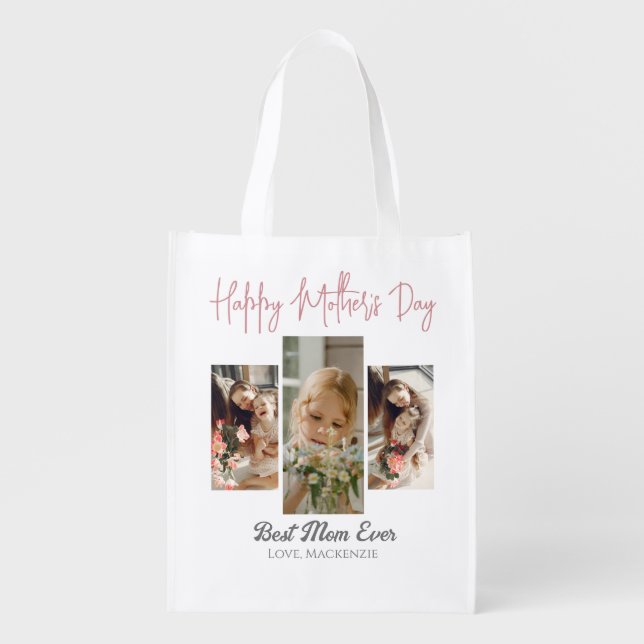 Elegant Sweet Pink Happy mothers Day Three photo Grocery Bag (Front)