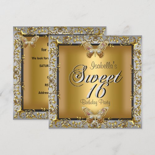 Elegant Sweet Sixteen 16 Gold Butterfly Personalized Announcement