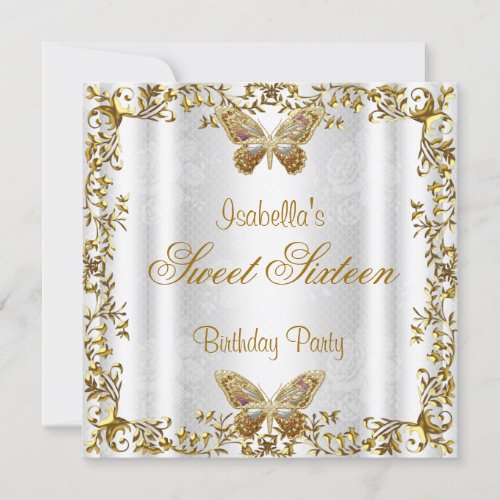 Elegant Sweet Sixteen 16 White Gold Butterfly 2 Invitation