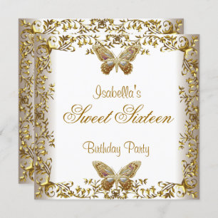 Elegant Sweet Sixteen 16 White Gold Butterfly Invitation