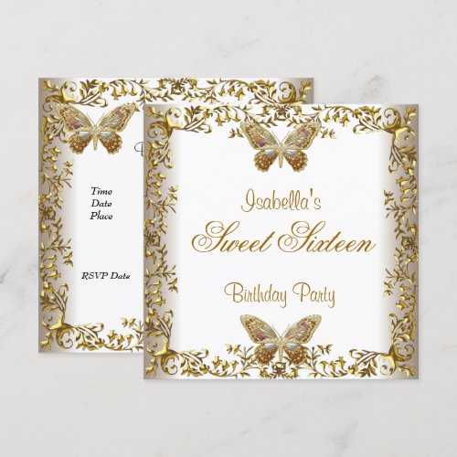 Elegant Sweet Sixteen 16 White Gold Butterfly Invitations