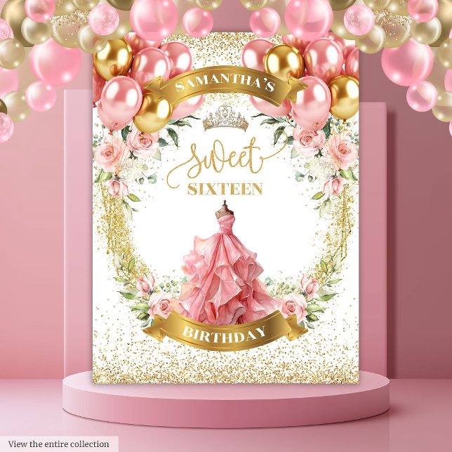 Elegant Sweet Sixteen Banner Gold Roses Dress Tapestry (Elegant Sweet Sixteen Banner Gold Roses Dress Tapestry)