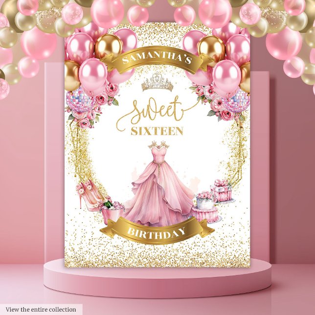 Elegant Sweet Sixteen Banner Pink Dress Gold Ballo Tapestry (Elegant Sweet Sixteen Banner Pink Dress Gold Balloons)