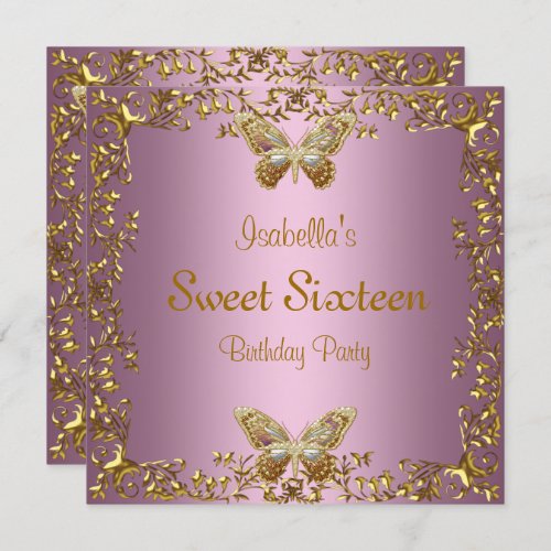 Elegant Sweet Sixteen Birthday Pink Gold Butterfly Invitation