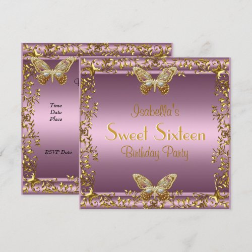 Elegant Sweet Sixteen Birthday Pink Gold Butterfly 5.25x5.25 Square Paper Invitation ...