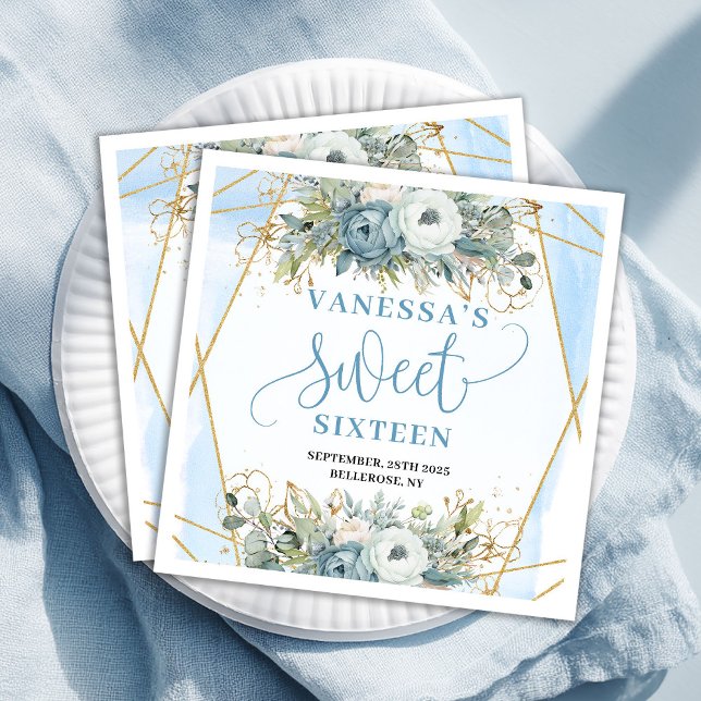 Elegant Sweet Sixteen Blue Floral Gold Frame  Paper Dinner Napkins (Elegant Sweet Sixteen Blue Floral Gold Frame Paper Dinner Napkins)