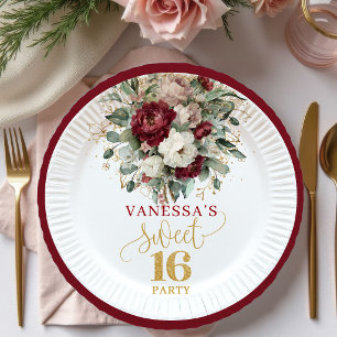 Elegant Sweet Sixteen Blush Burgundy Paper Plates