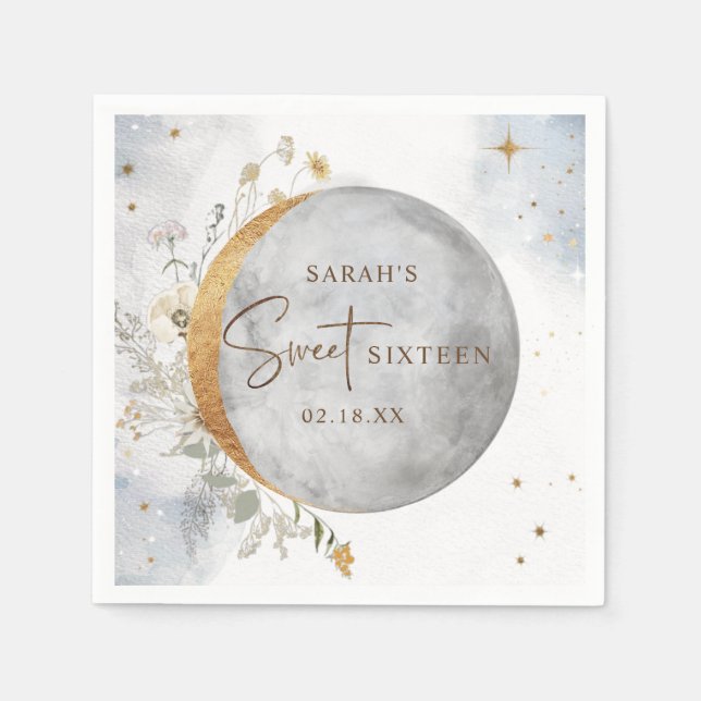 Elegant Sweet Sixteen Celestial Moon and Stars  Na Napkins (Front)