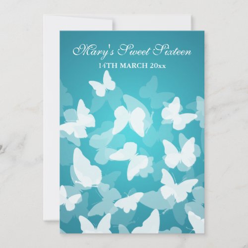 Elegant Sweet Sixteen Party Butterflies Blue Personalized Announcement