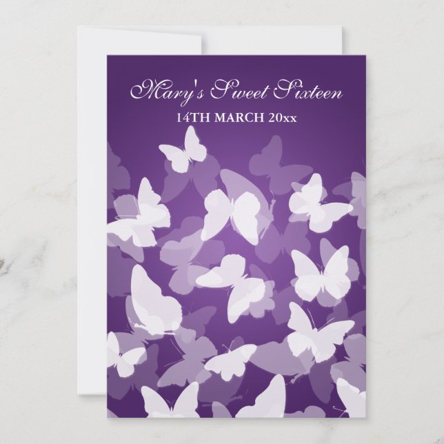 Elegant Sweet Sixteen Party Butterflies Purple Invitation (Front)