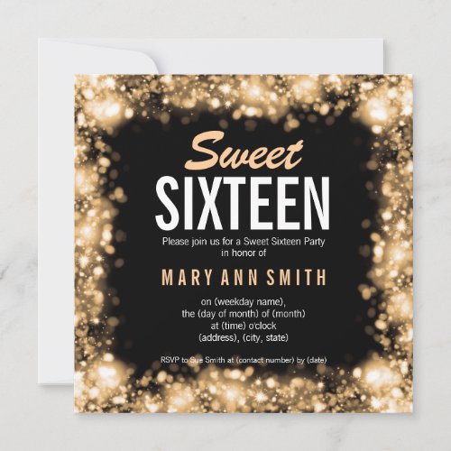 Elegant Sweet Sixteen Party Gold Sparkling Lights 5.25x5.25 Square Paper Invitation C...