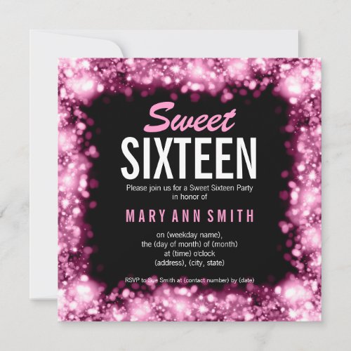 Elegant Sweet Sixteen Party Sparkling Lights Pink 5.25x5.25 Square Paper Invitation C...