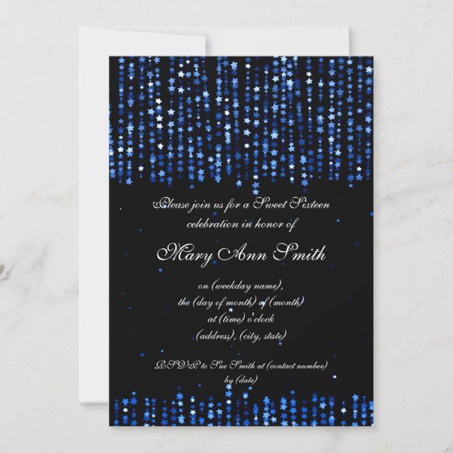 Elegant Sweet Sixteen Party Star Confetti Blue Invitation (Front)